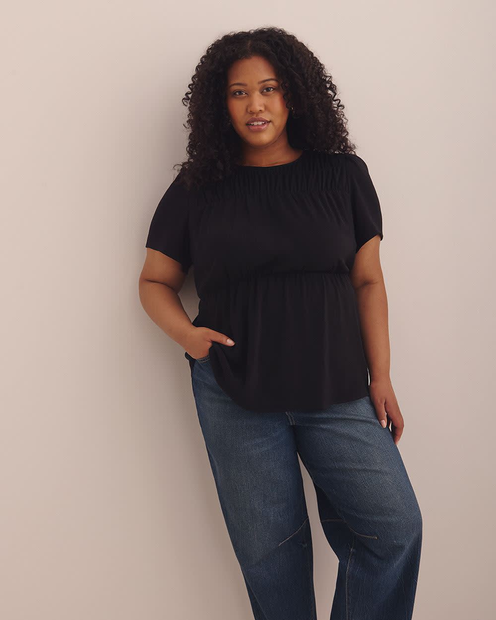 Short Flutter Sleeve Blouse with Smocked Top Black 1 Short Flutter Sleeve Blouse with Smocked Top Black
