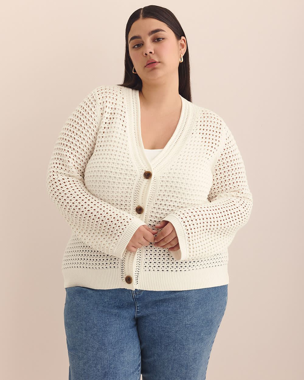 Long-Sleeve Crochet Cotton Cardigan Snow white 2 Long-Sleeve Crochet Cotton Cardigan Snow white