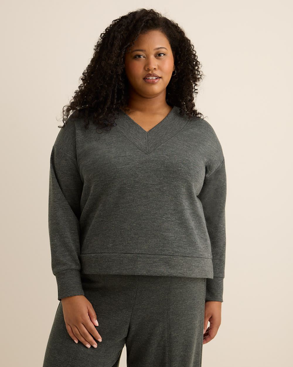 Dropped Shoulder Long-Sleeve V-Neck Top Dark grey mix