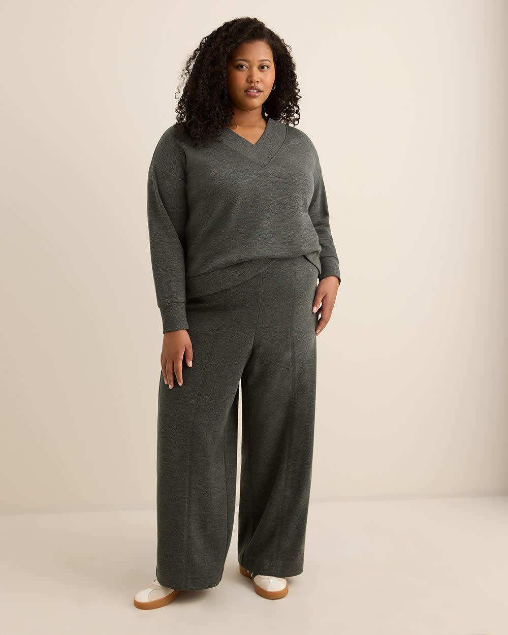 Dropped Shoulder Long-Sleeve V-Neck Top Dark grey mix