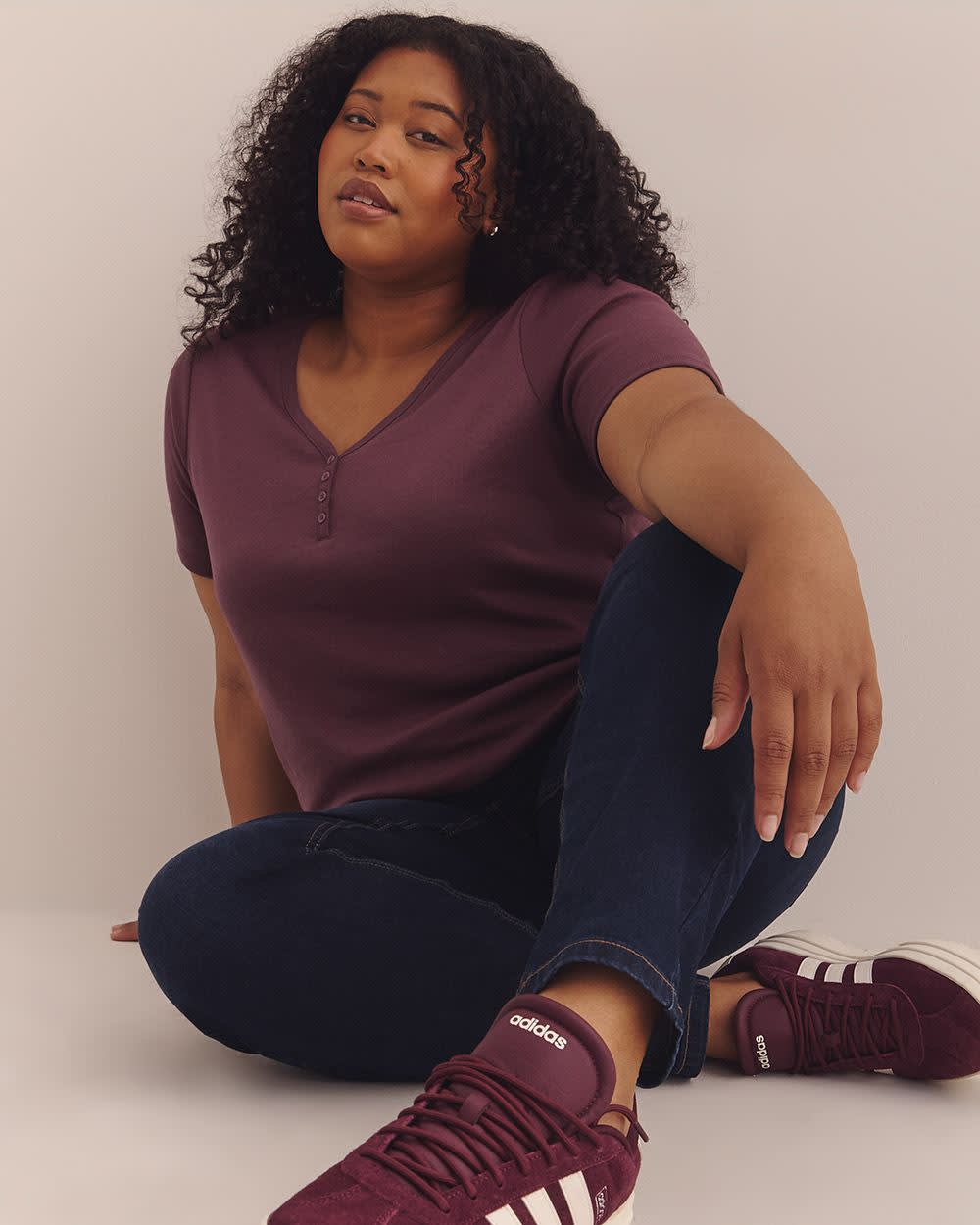 Girlfriend-Fit V-Neck Ribbed Tee - PENN. Essentials Eggplant 1 Girlfriend-Fit V-Neck Ribbed Tee - PENN. Essentials Eggplant
