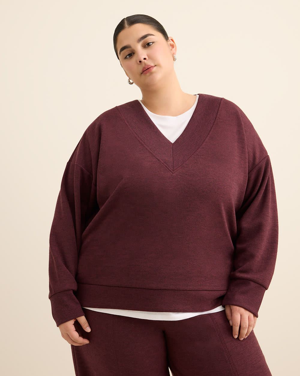 Dropped Shoulder Long-Sleeve V-Neck Top Burgundy mix 1 Dropped Shoulder Long-Sleeve V-Neck Top Burgundy mix