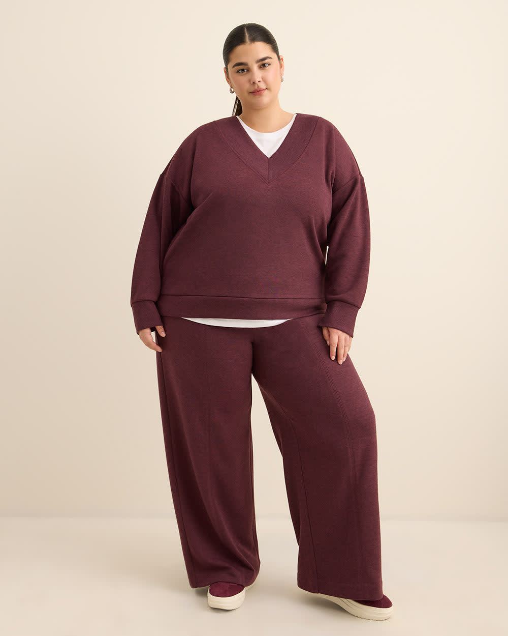 Dropped Shoulder Long-Sleeve V-Neck Top Burgundy mix 2 Dropped Shoulder Long-Sleeve V-Neck Top Burgundy mix