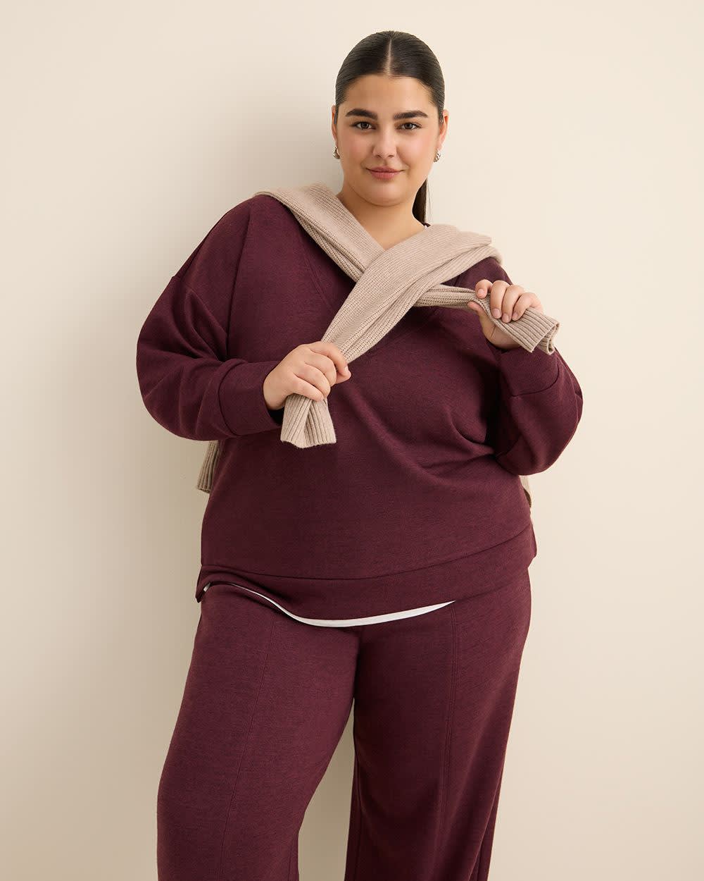 Dropped Shoulder Long-Sleeve V-Neck Top Burgundy mix 4 Dropped Shoulder Long-Sleeve V-Neck Top Burgundy mix