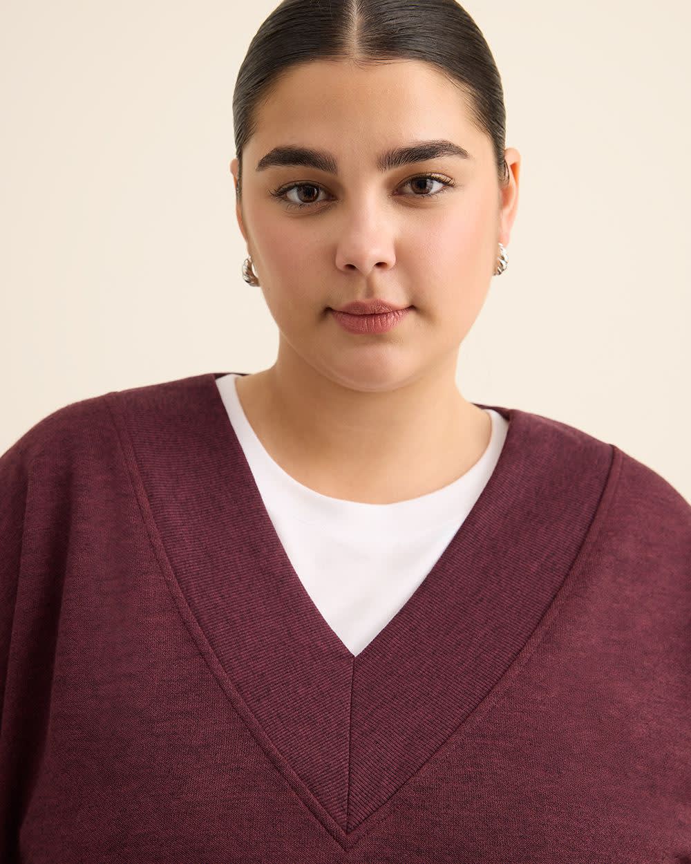Dropped Shoulder Long-Sleeve V-Neck Top Burgundy mix 5 Dropped Shoulder Long-Sleeve V-Neck Top Burgundy mix