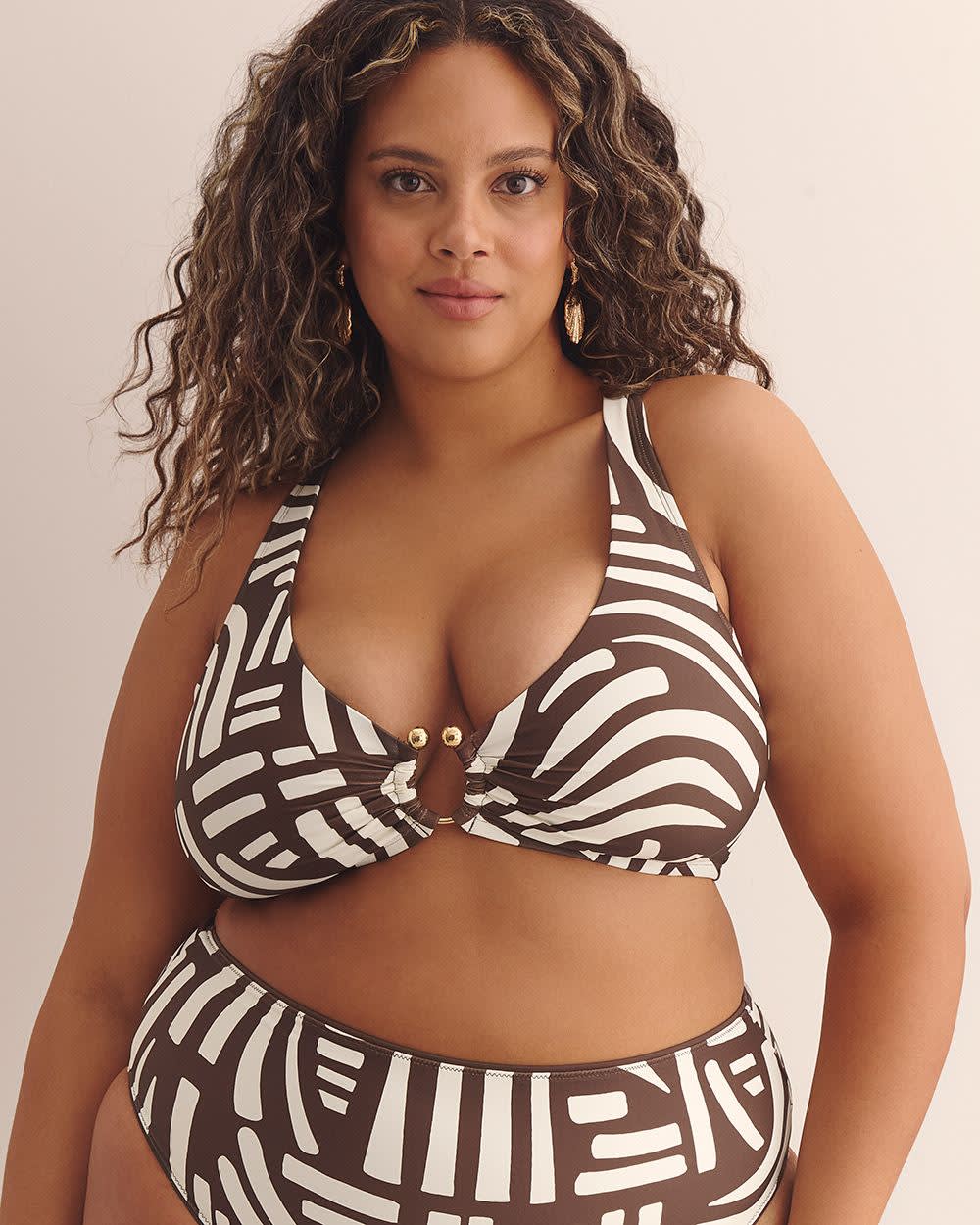 Printed Plunging Bikini Top with Ring Chocolate martini printed 2 Printed Plunging Bikini Top with Ring Chocolate martini printed