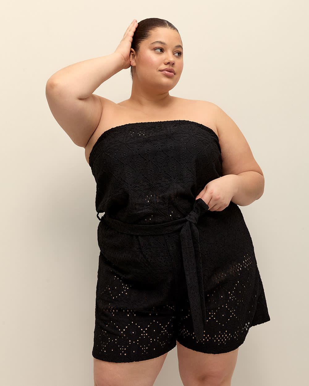 Black Strapless Belted Romper Black