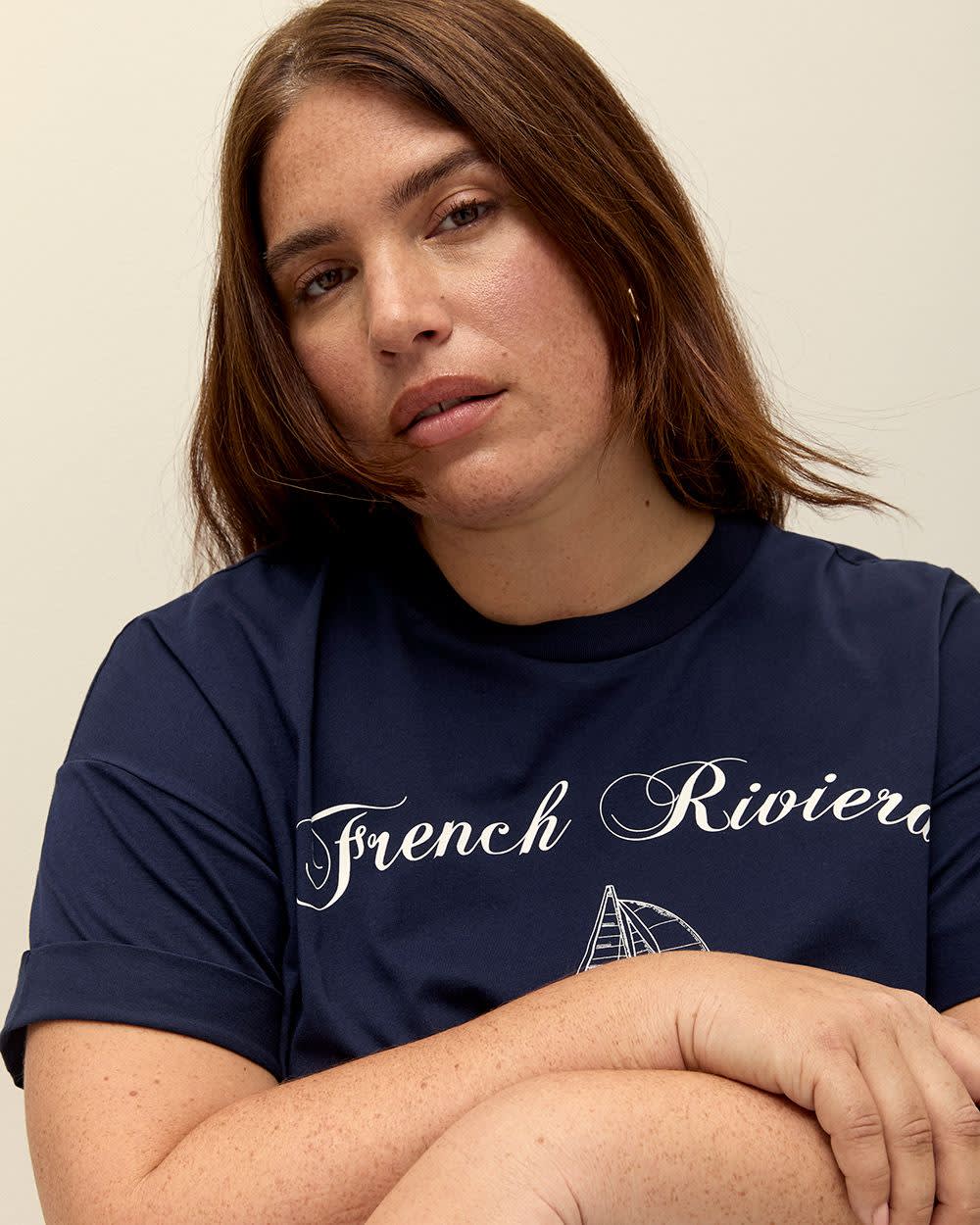 Cotton Boxy-Fit Crewneck T-shirt - PENN. Essentials Maritime blue printed