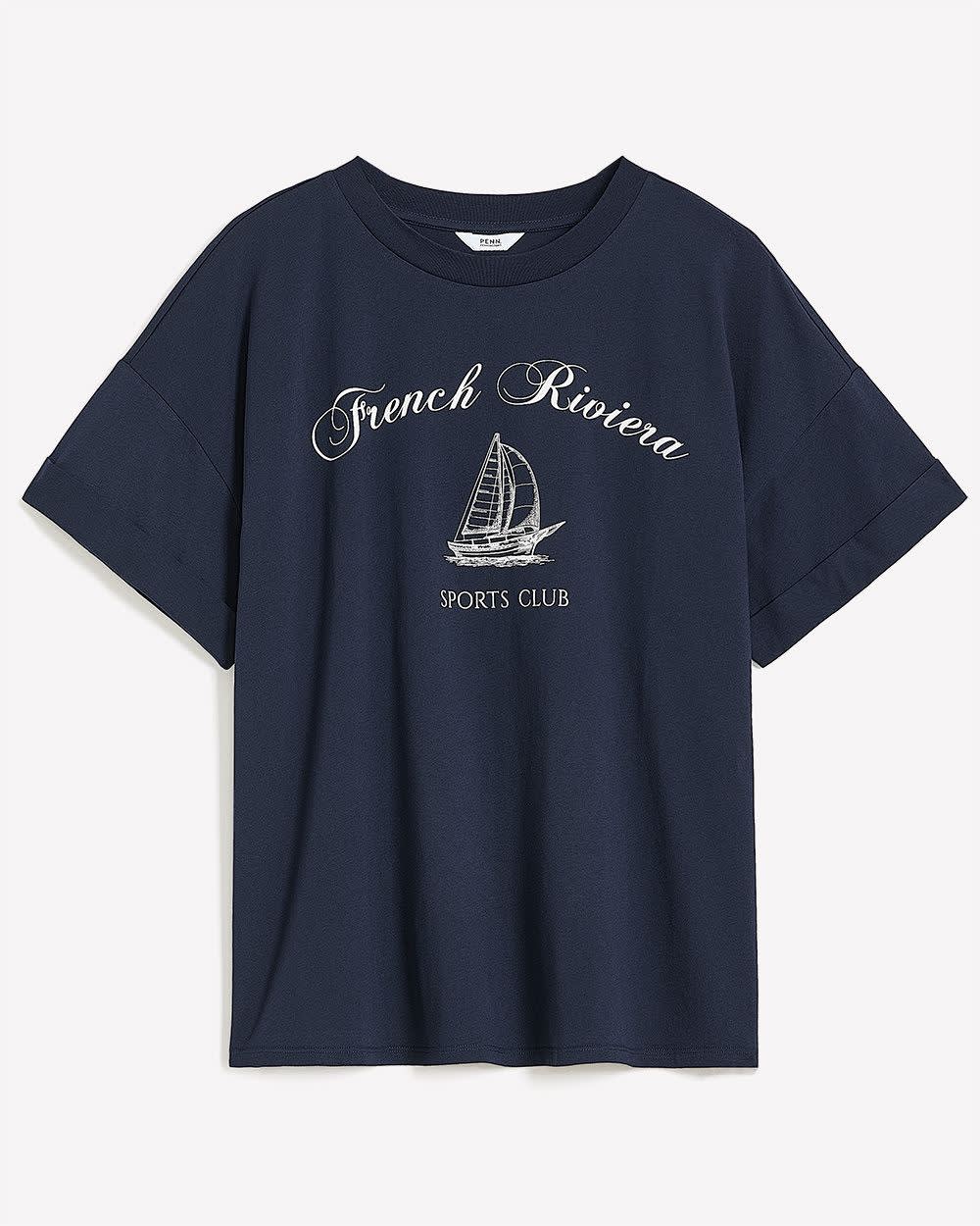 Cotton Boxy-Fit Crewneck T-shirt - PENN. Essentials Maritime blue printed