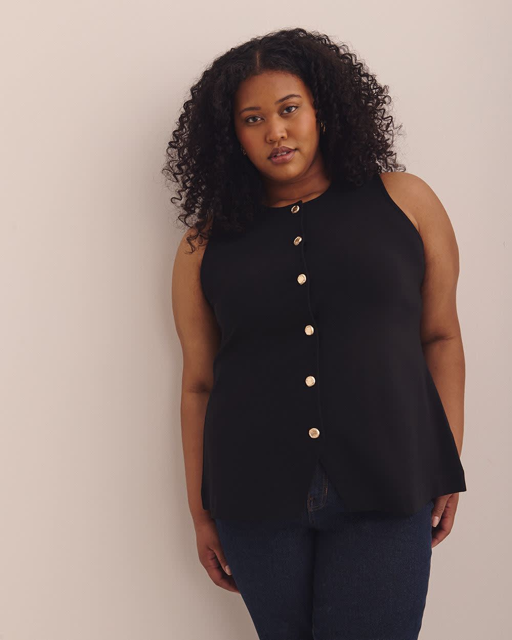 Button-Up Knit Crew Neck Vest Black