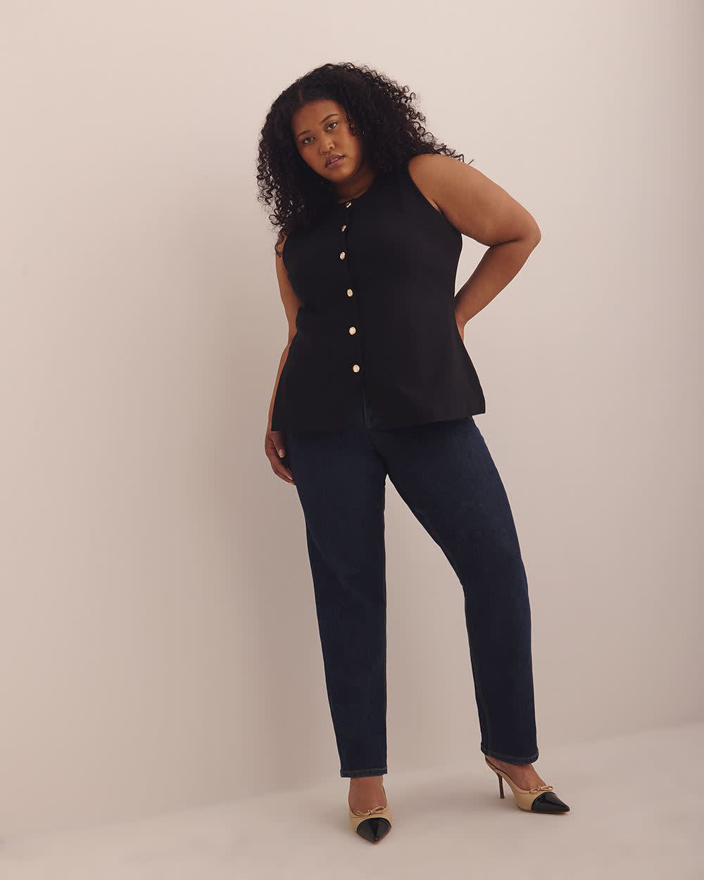 Button-Up Knit Crew Neck Vest Black