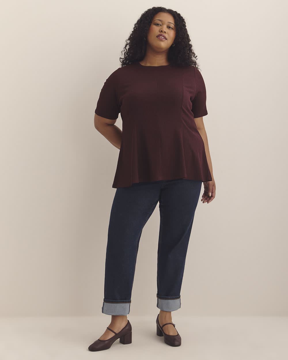 Princess-Cut Crewneck Flared Knit Top Winetasting 1 Princess-Cut Crewneck Flared Knit Top Winetasting