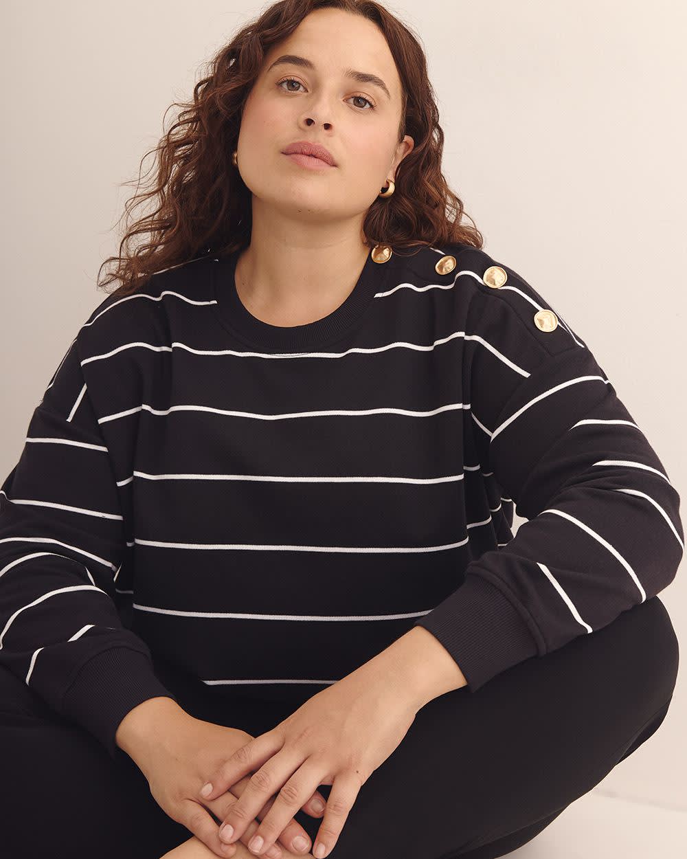 Dropped Shoulder Sweatshirt with Buttons Black and white stripe 1 Dropped Shoulder Sweatshirt with Buttons Black and white stripe