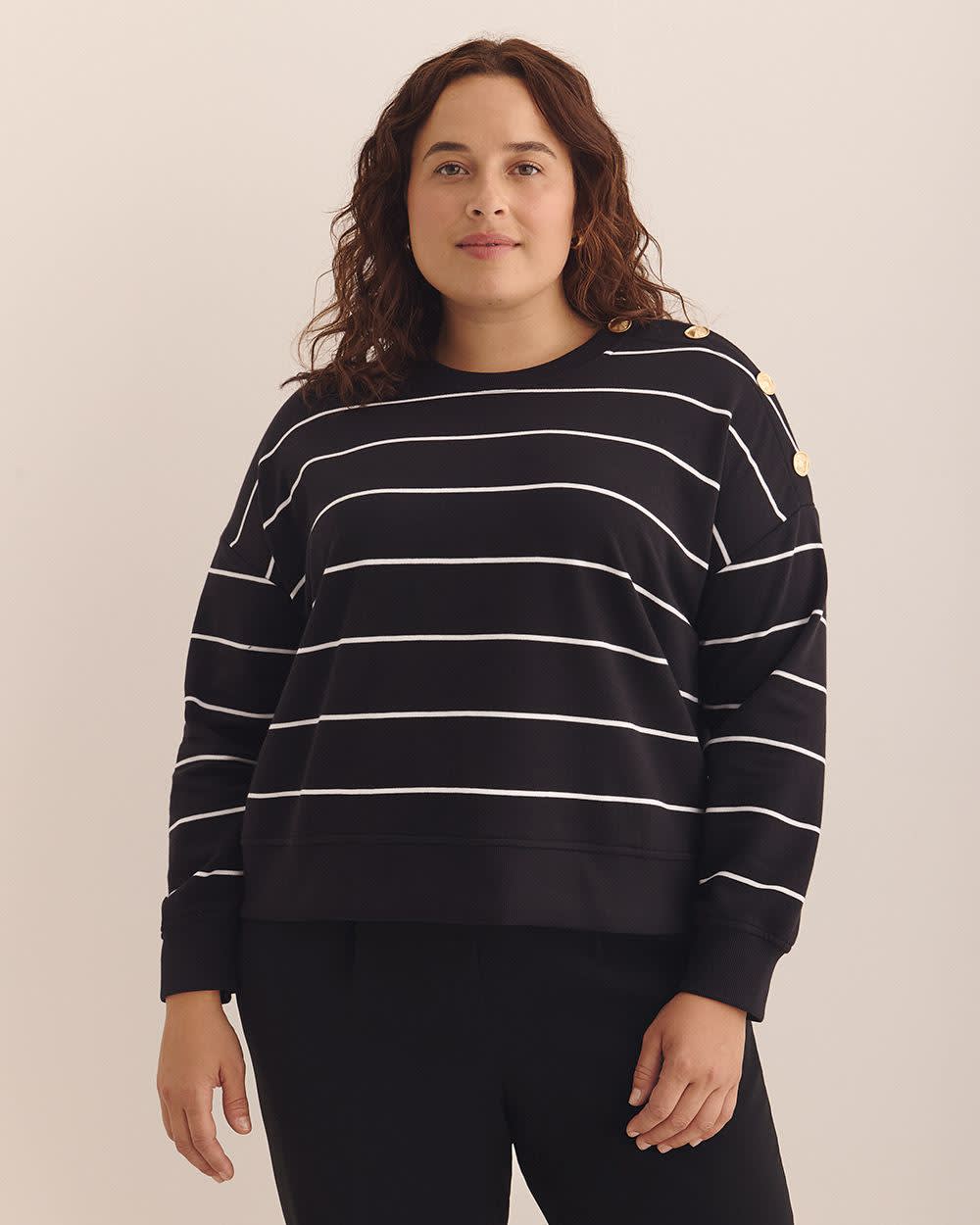 Dropped Shoulder Sweatshirt with Buttons Black and white stripe 2 Dropped Shoulder Sweatshirt with Buttons Black and white stripe