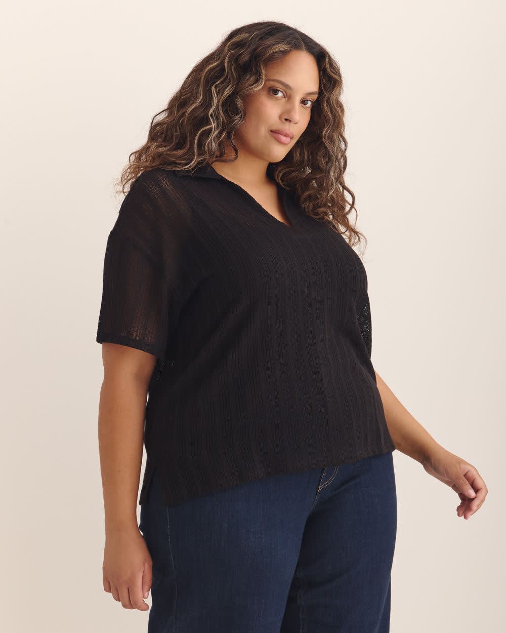Short-Sleeve Sheer Polo Top Black