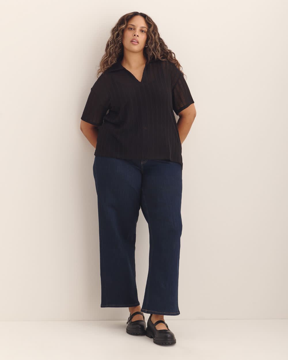 Short-Sleeve Sheer Polo Top Black