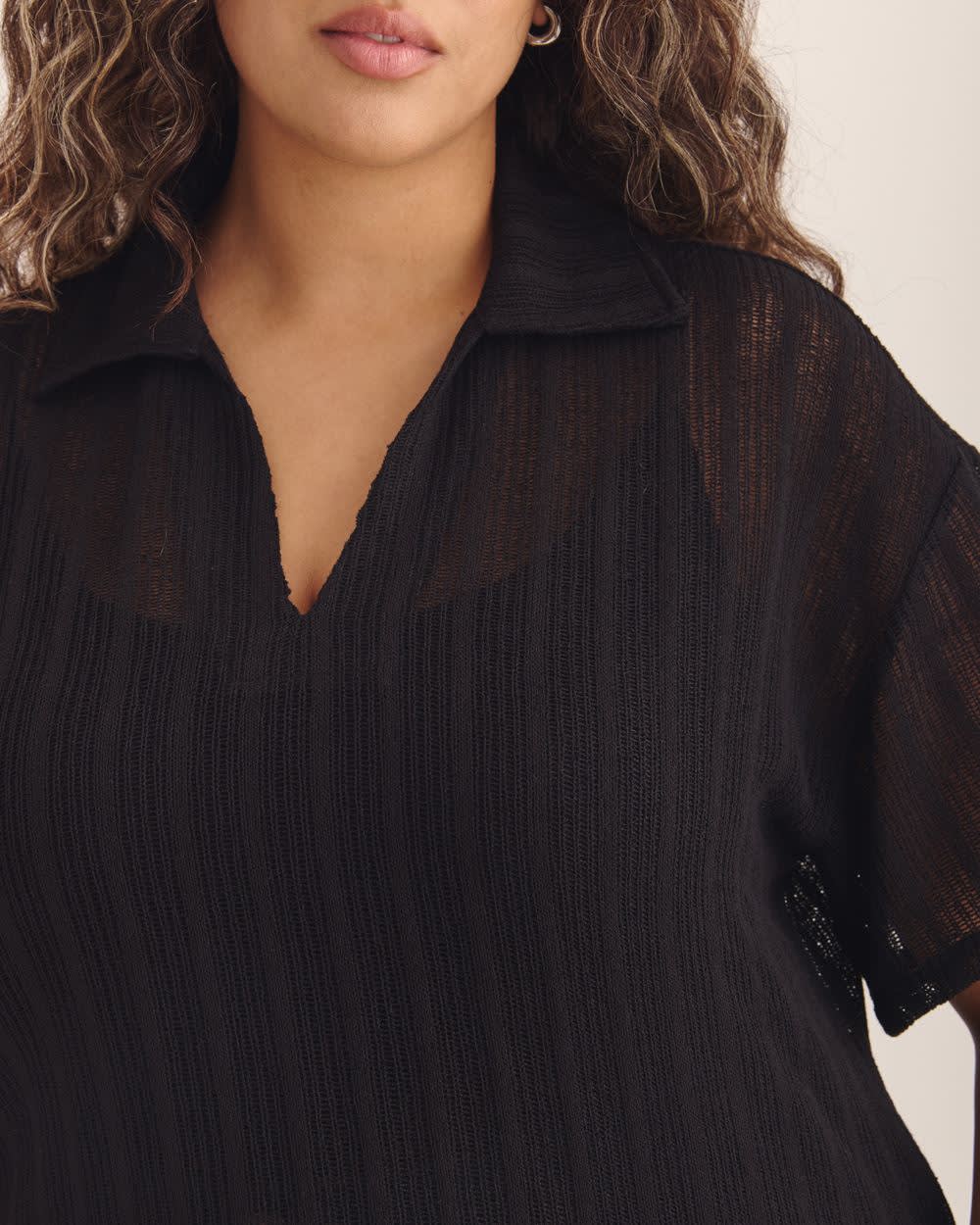 Short-Sleeve Sheer Polo Top Black