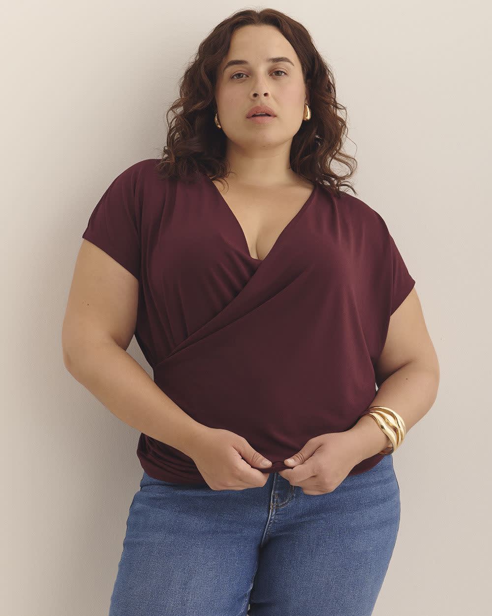 Overlap-Front Knit Top with Shirring at Side Windsor wine