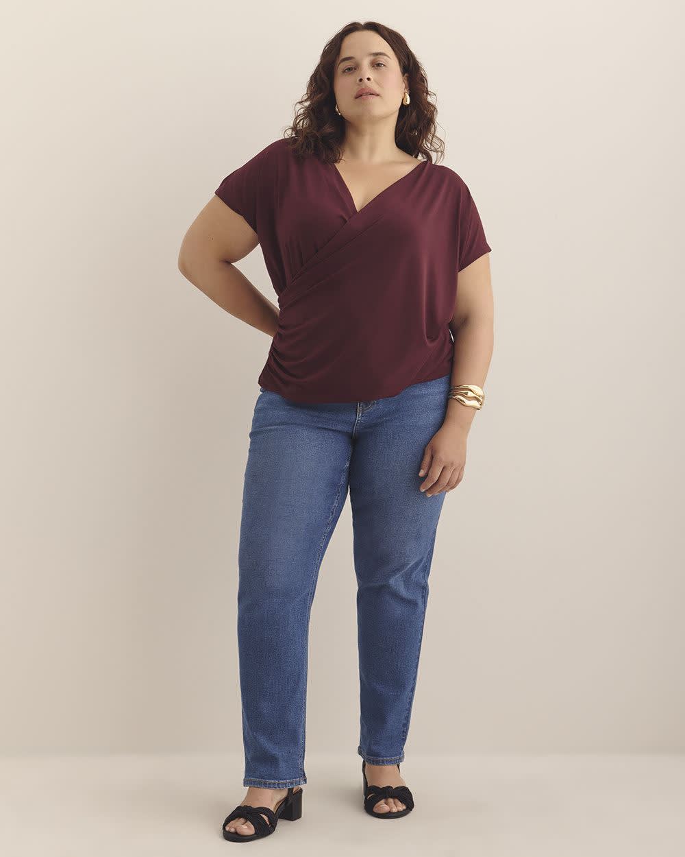 Overlap-Front Knit Top with Shirring at Side Windsor wine