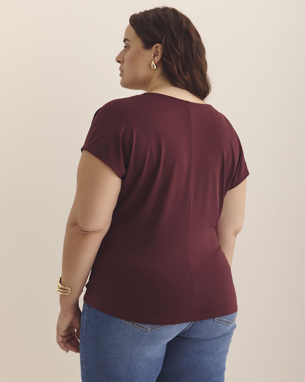 Overlap-Front Knit Top with Shirring at Side Windsor wine