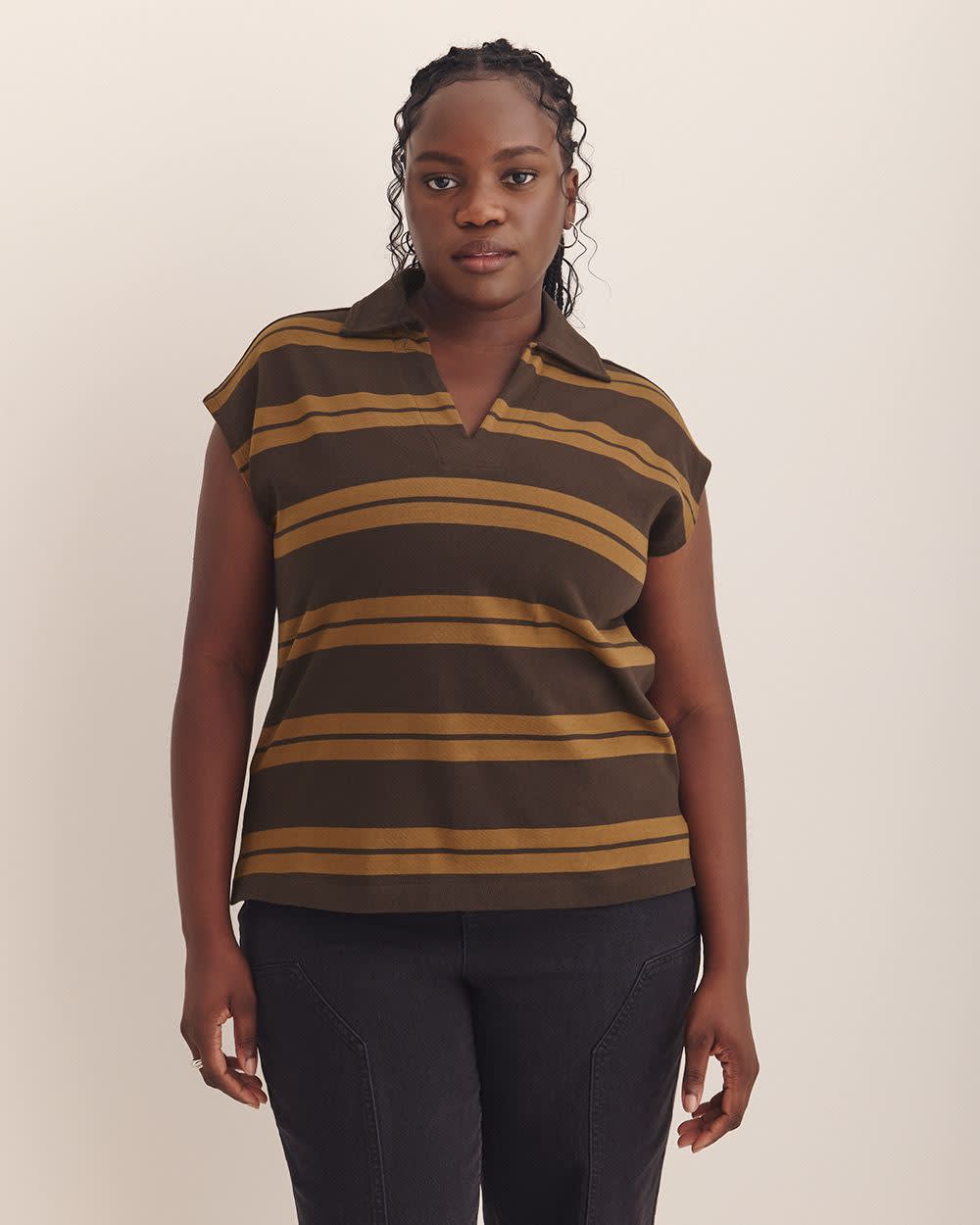 Striped Polo Extended Sleeves - Addition Elle Black coffee and toffee stripe 1 Striped Polo Extended Sleeves - Addition Elle Black coffee and toffee stripe