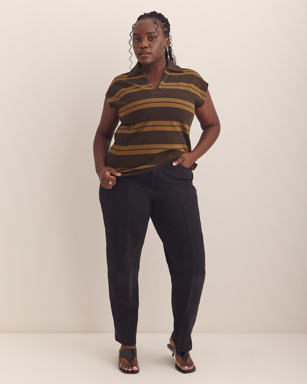 Striped Polo Extended Sleeves - Addition Elle Black coffee and toffee stripe 2 Striped Polo Extended Sleeves - Addition Elle Black coffee and toffee stripe