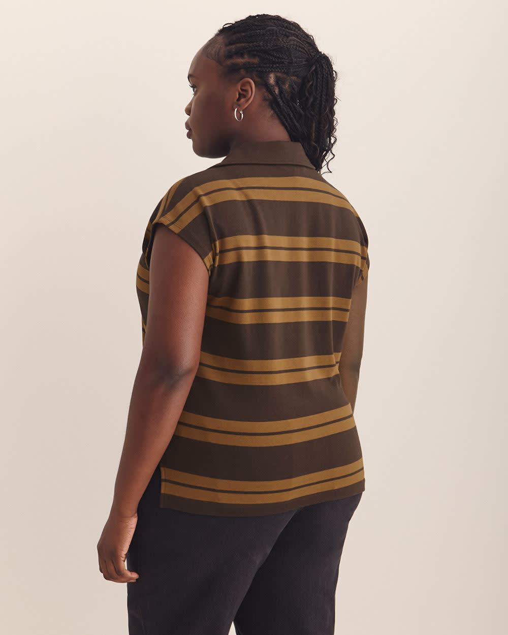 Striped Polo Extended Sleeves - Addition Elle Black coffee and toffee stripe 3 Striped Polo Extended Sleeves - Addition Elle Black coffee and toffee stripe