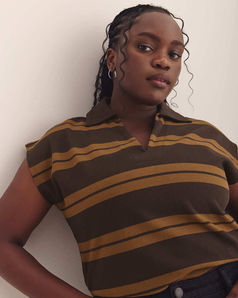 Striped Polo Extended Sleeves - Addition Elle Black coffee and toffee stripe 5 Striped Polo Extended Sleeves - Addition Elle Black coffee and toffee stripe