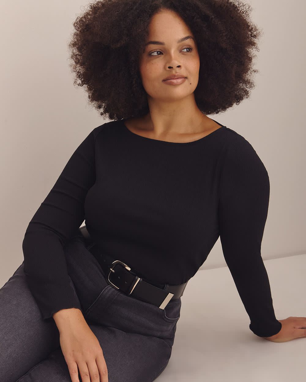 Boat-Neck Knit Top with Lettuce-Edge Sleeves - Addition Elle Black