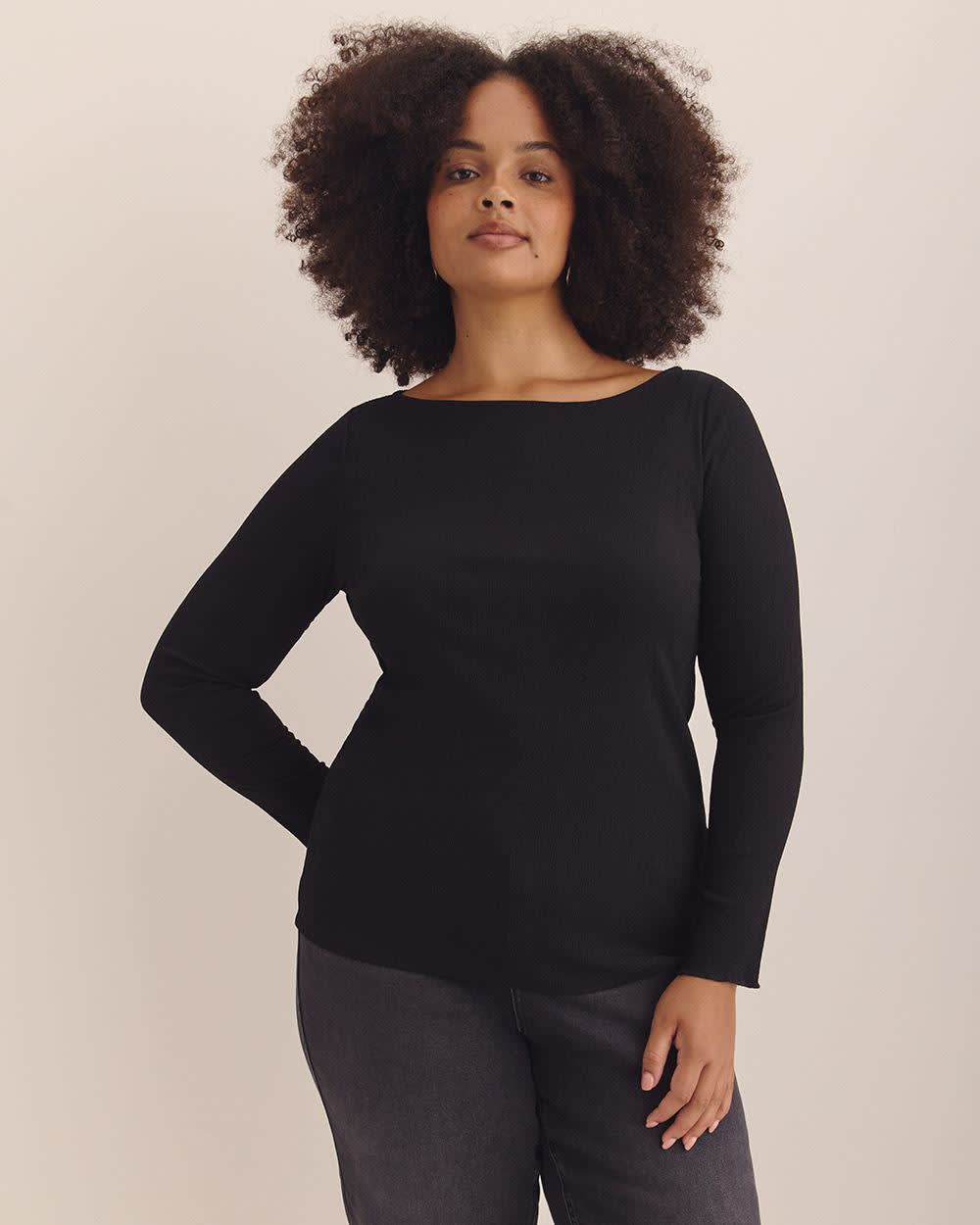 Boat-Neck Knit Top with Lettuce-Edge Sleeves - Addition Elle Black
