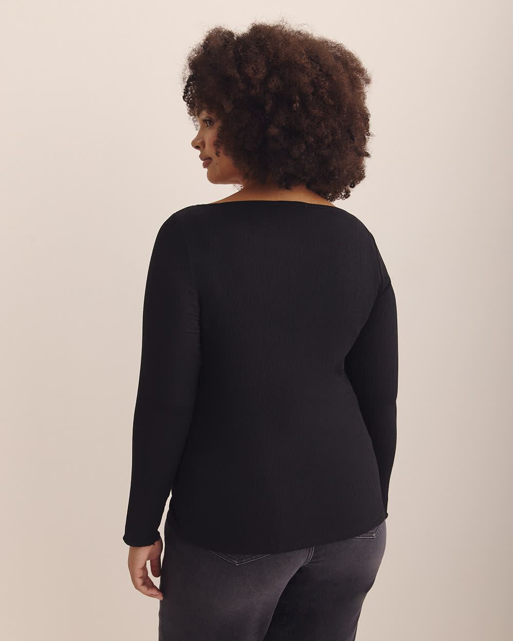 Boat-Neck Knit Top with Lettuce-Edge Sleeves - Addition Elle Black 3 Boat-Neck Knit Top with Lettuce-Edge Sleeves - Addition Elle Black