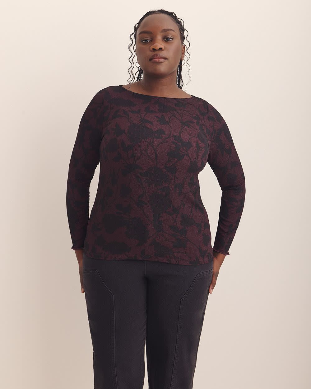 Boat-Neck Knit Top with Lettuce-Edge Sleeves - Addition Elle Winetasting printed