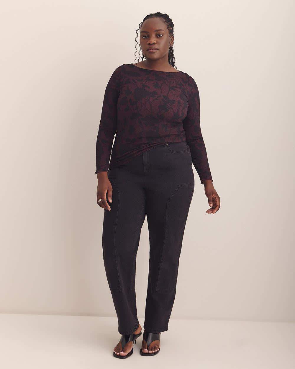 Boat-Neck Knit Top with Lettuce-Edge Sleeves - Addition Elle Winetasting printed