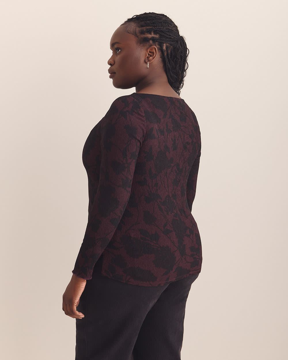 Boat-Neck Knit Top with Lettuce-Edge Sleeves - Addition Elle Winetasting printed