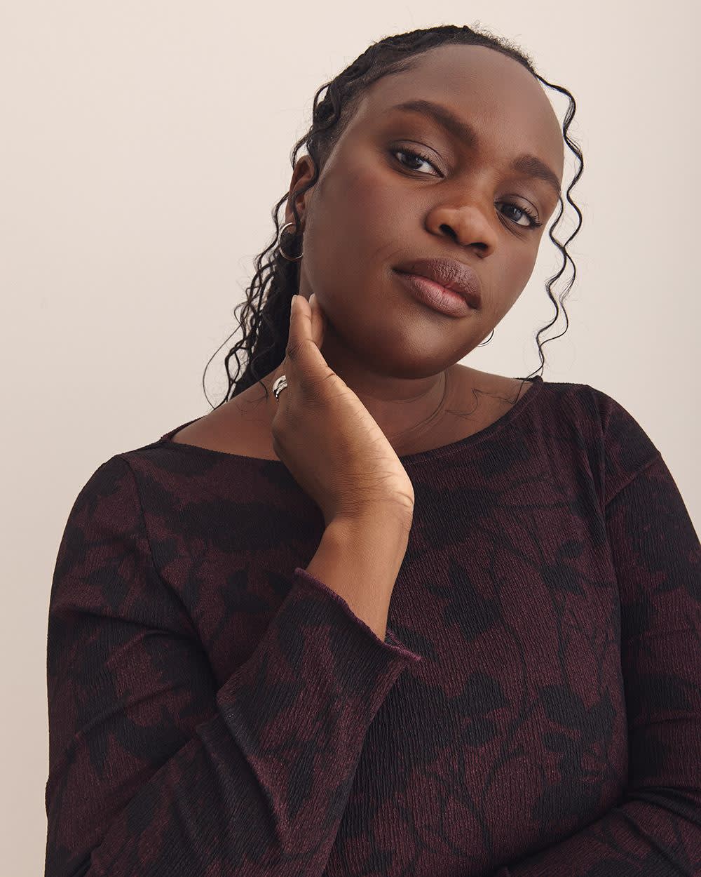 Boat-Neck Knit Top with Lettuce-Edge Sleeves - Addition Elle Winetasting printed
