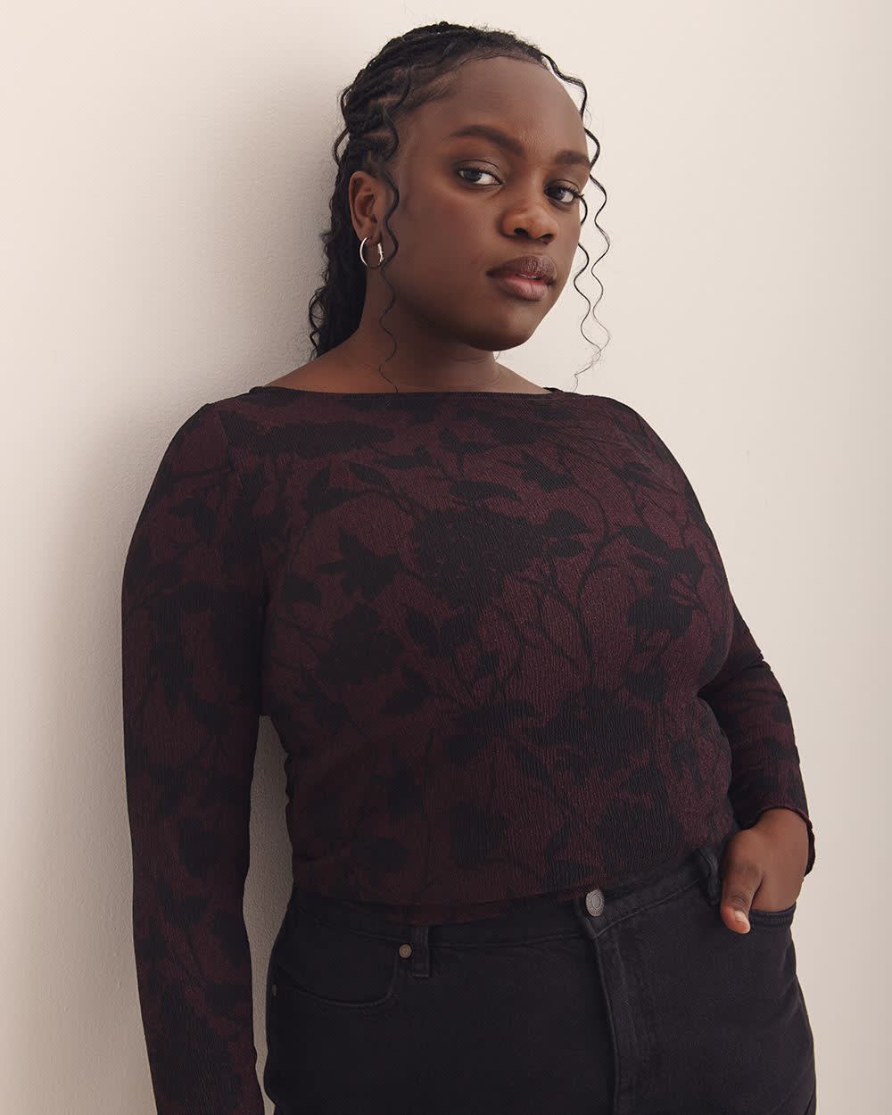 Boat-Neck Knit Top with Lettuce-Edge Sleeves - Addition Elle Winetasting printed