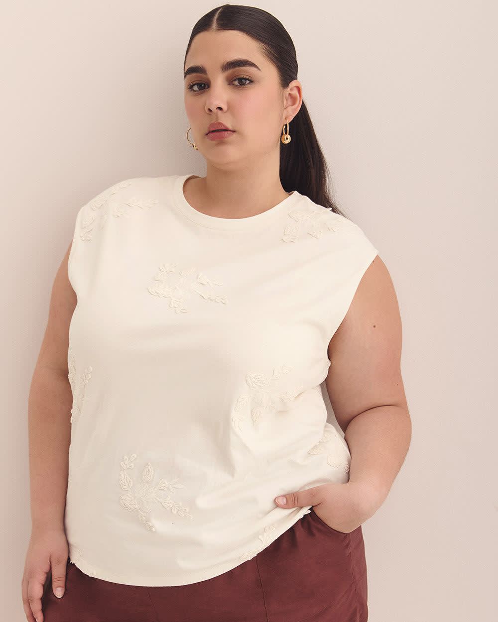 Sleeveless Tank with 3D Floral Detail Snow white 1 Sleeveless Tank with 3D Floral Detail Snow white