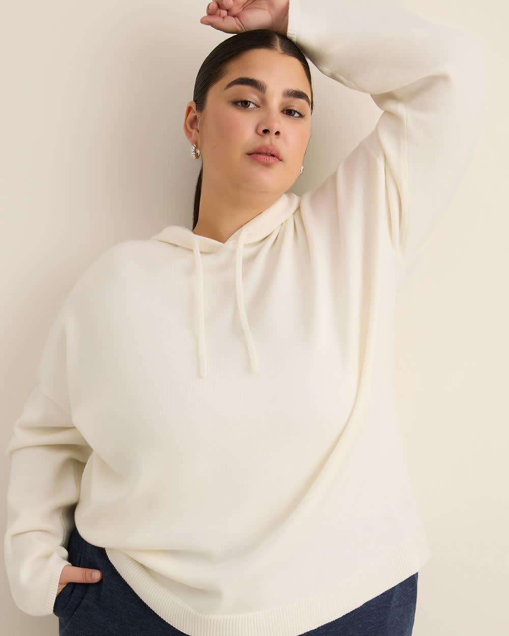 Relaxed-Fit Shaker-Stitch Hooded Sweater Snow white
