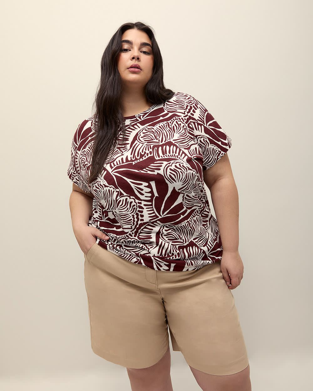 Foliage-Print Extended-Sleeve Top with Crisscross Back Andorra printed 1 Foliage-Print Extended-Sleeve Top with Crisscross Back Andorra printed