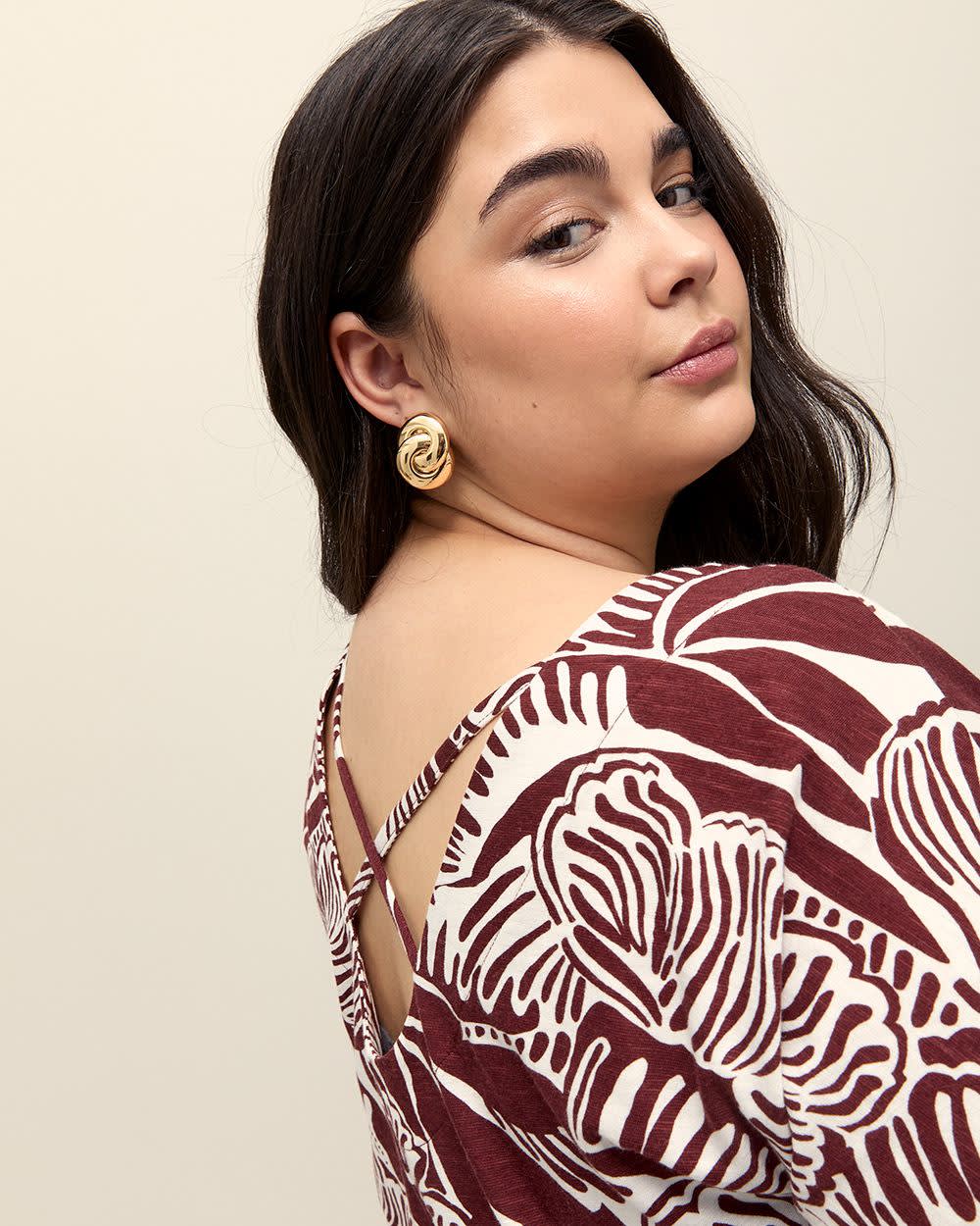 Foliage-Print Extended-Sleeve Top with Crisscross Back Andorra printed 4 Foliage-Print Extended-Sleeve Top with Crisscross Back Andorra printed