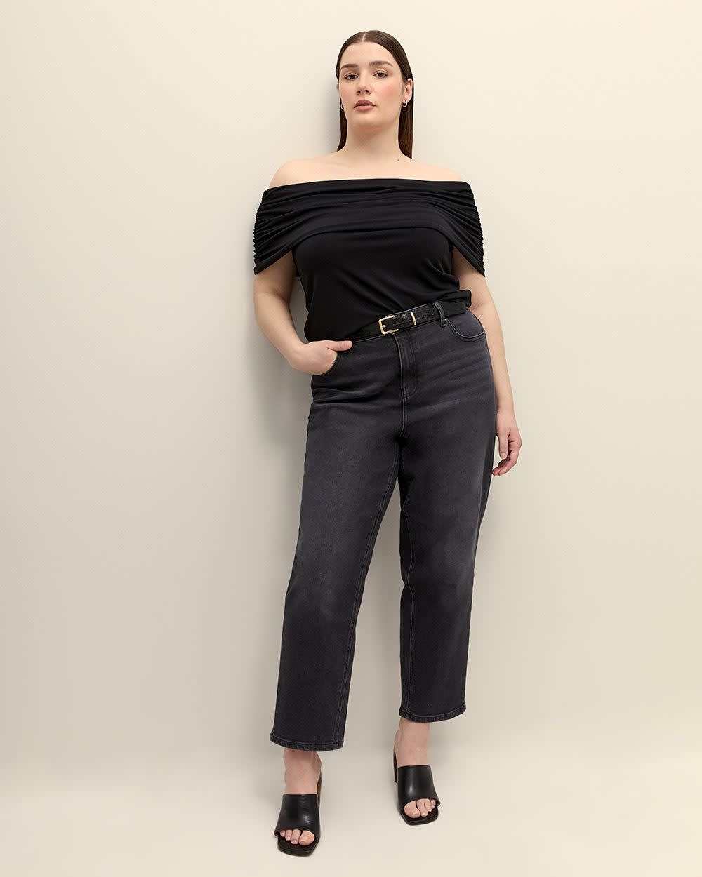 Off-Shoulder Top with Shirring - Addition Elle Black
