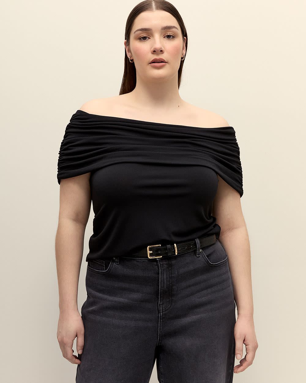 Off-Shoulder Top with Shirring - Addition Elle Black