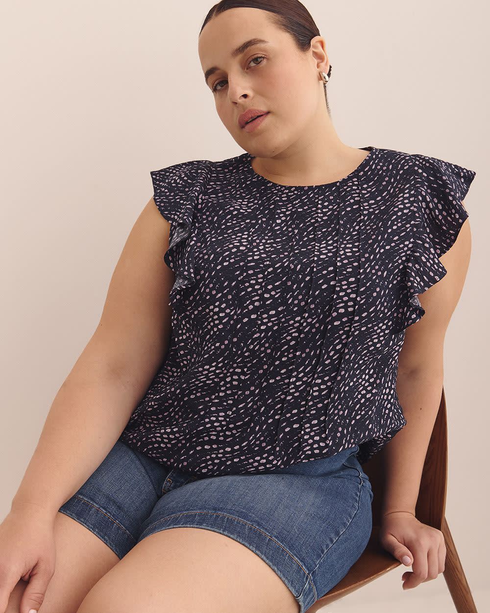 Short Sleeve Ruffle Blouse with Pintucks Detail Sky captain printed