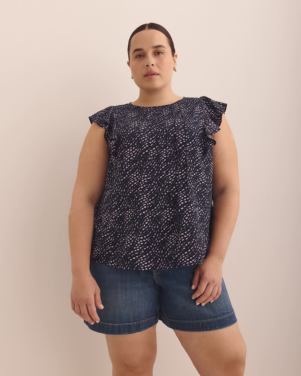 Short Sleeve Ruffle Blouse with Pintucks Detail Sky captain printed