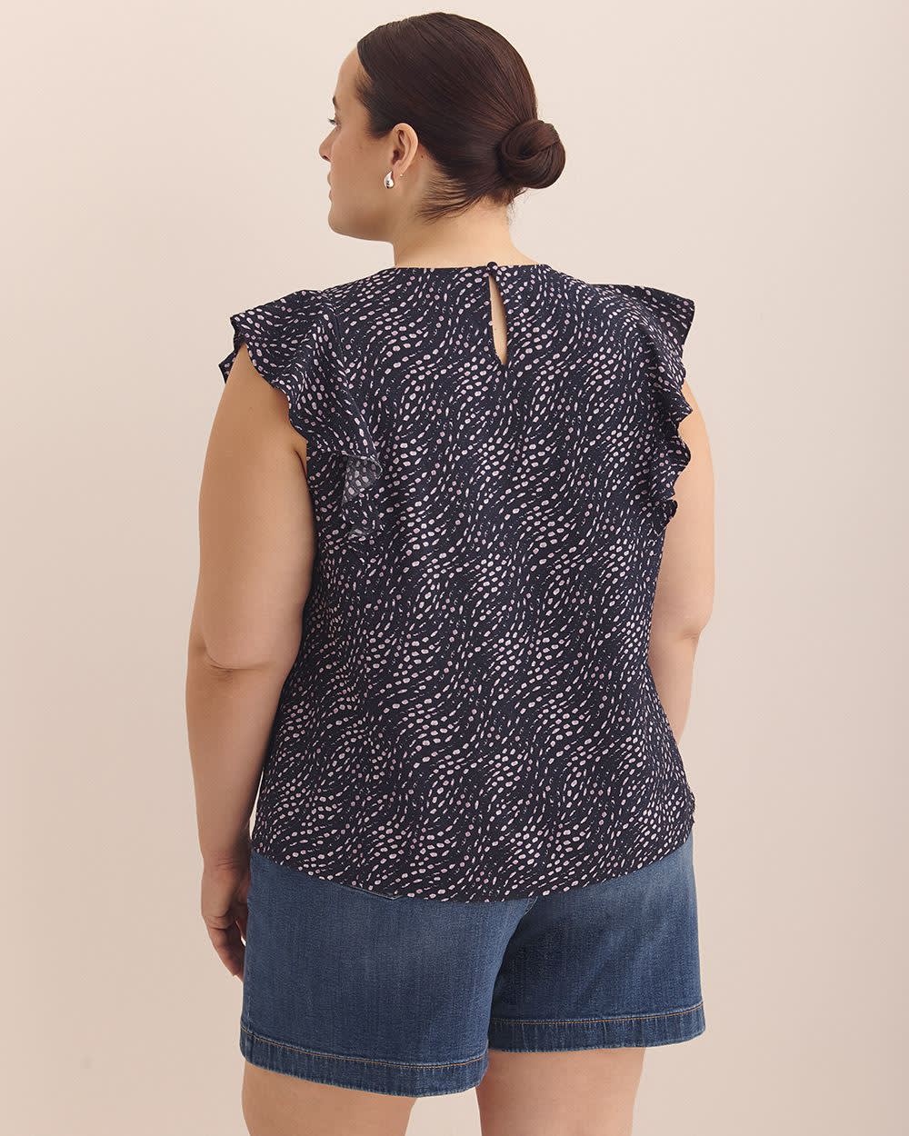 Short Sleeve Ruffle Blouse with Pintucks Detail Sky captain printed