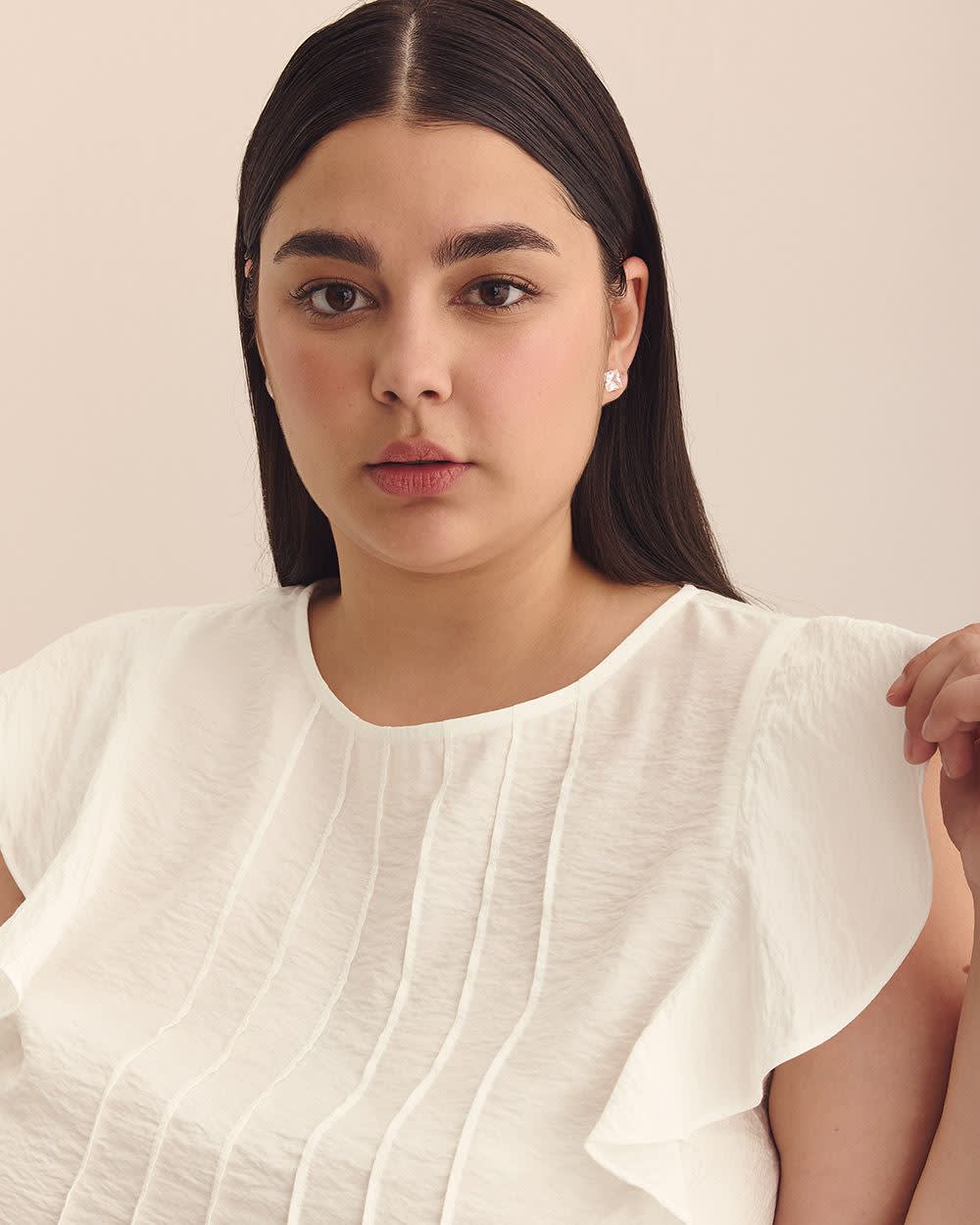 Short Sleeve Ruffle Blouse with Pintucks Detail Snow white 4 Short Sleeve Ruffle Blouse with Pintucks Detail Snow white