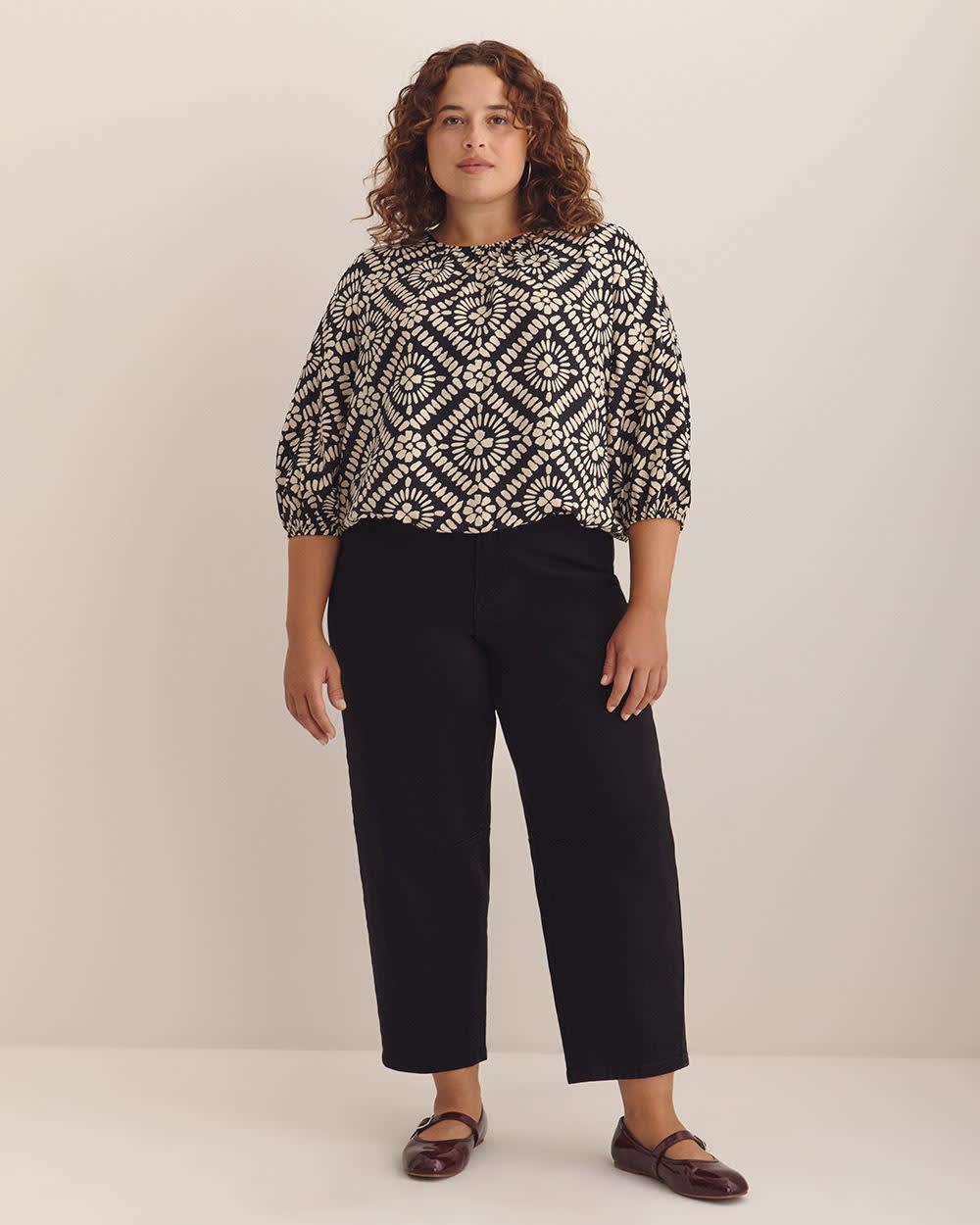 Bubble-Hem Blouse Black printed