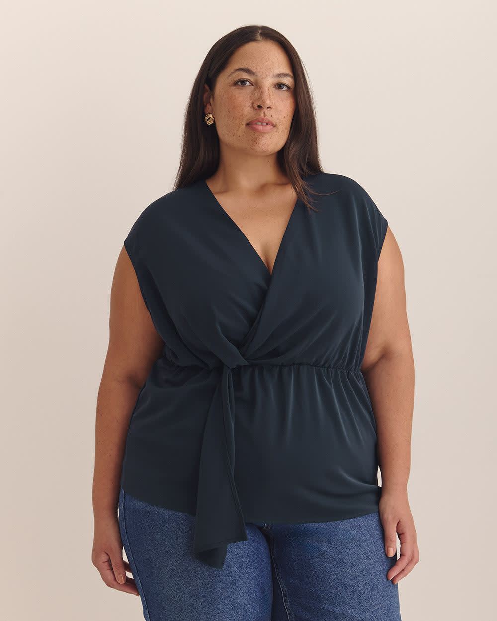 Extended-Sleeve V-Neck Knotted Blouse - Addition Elle Sky captain 1 Extended-Sleeve V-Neck Knotted Blouse - Addition Elle Sky captain