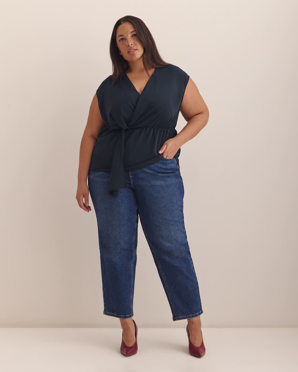 Extended-Sleeve V-Neck Knotted Blouse - Addition Elle Sky captain 2 Extended-Sleeve V-Neck Knotted Blouse - Addition Elle Sky captain