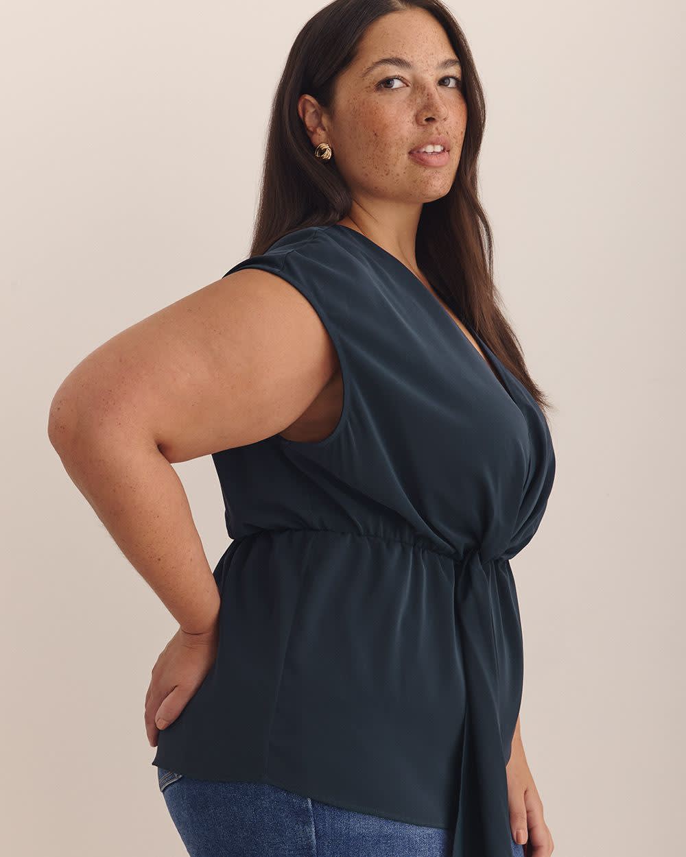 Extended-Sleeve V-Neck Knotted Blouse - Addition Elle Sky captain 4 Extended-Sleeve V-Neck Knotted Blouse - Addition Elle Sky captain